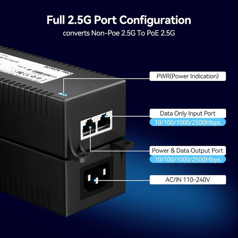 AUMOX PRO 2.5G PoE++ Injector 60W | Convert Non-PoE to PoE Adapter 10/100/1000/2500Mbps | 802.3af/at Compliant | Plug & Play | 100m (328ft) Range (2.5G 60W) - Image 3